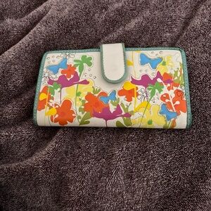Fossil vintage White Floral Butterfly Wallet with Teal Trim